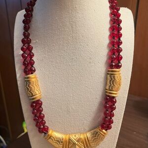 VTG 1990 Franklin Mint Mary McFadden Gold Coast Necklace Red Glass Beads